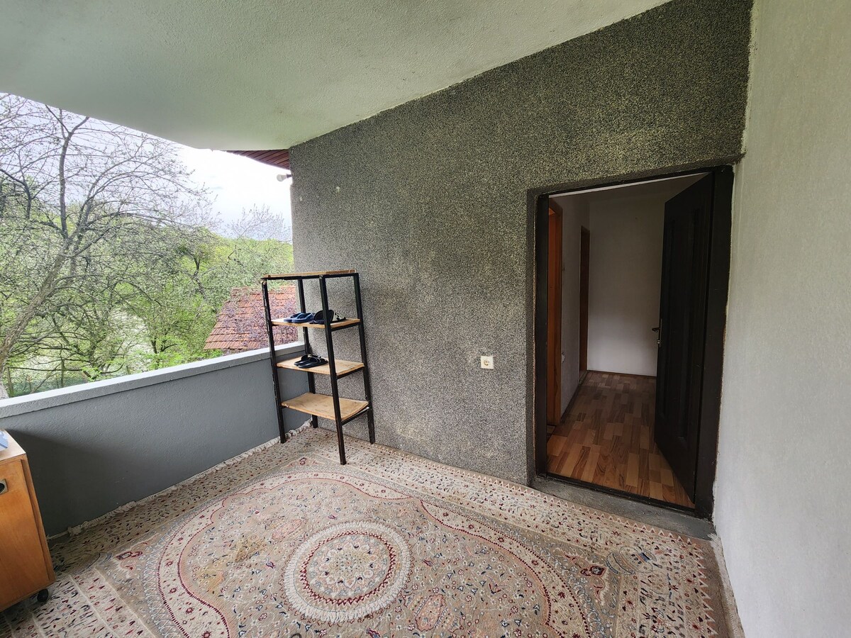 A balcony area features a patterned rug, a wooden bookshelf against the wall, and an entrance leading into the interior of the home. Natural light enters through the open door, highlighting the textured gray walls and wooden flooring.