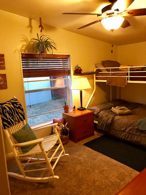 Guest bedroom with bunk beds. Twin mattress on the top, full mattress on the bottom.