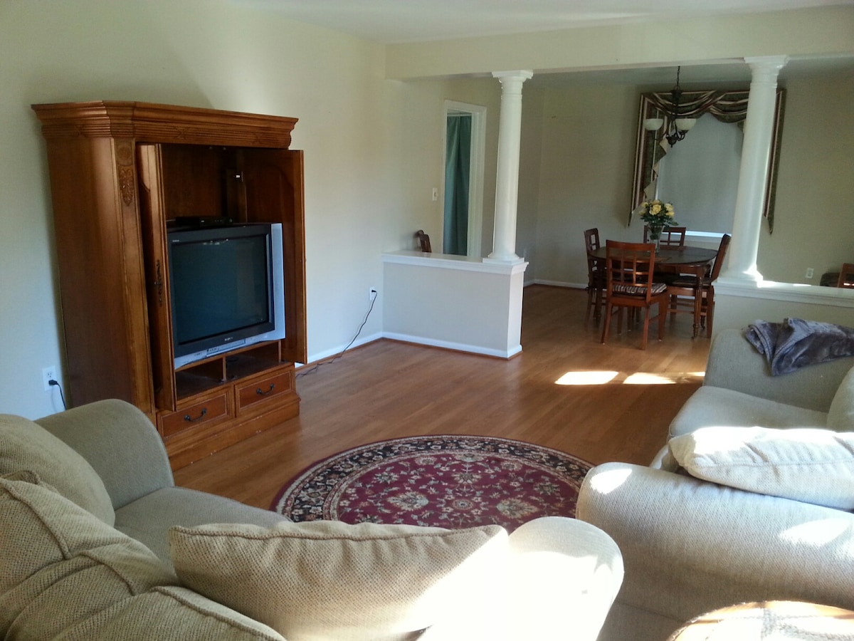 The living area features light hardwood flooring and a neutral-toned sofa, accompanied by an ornate area rug. A wooden entertainment unit with a television is centered against the wall, and a dining area with a table and chairs is visible in the background.