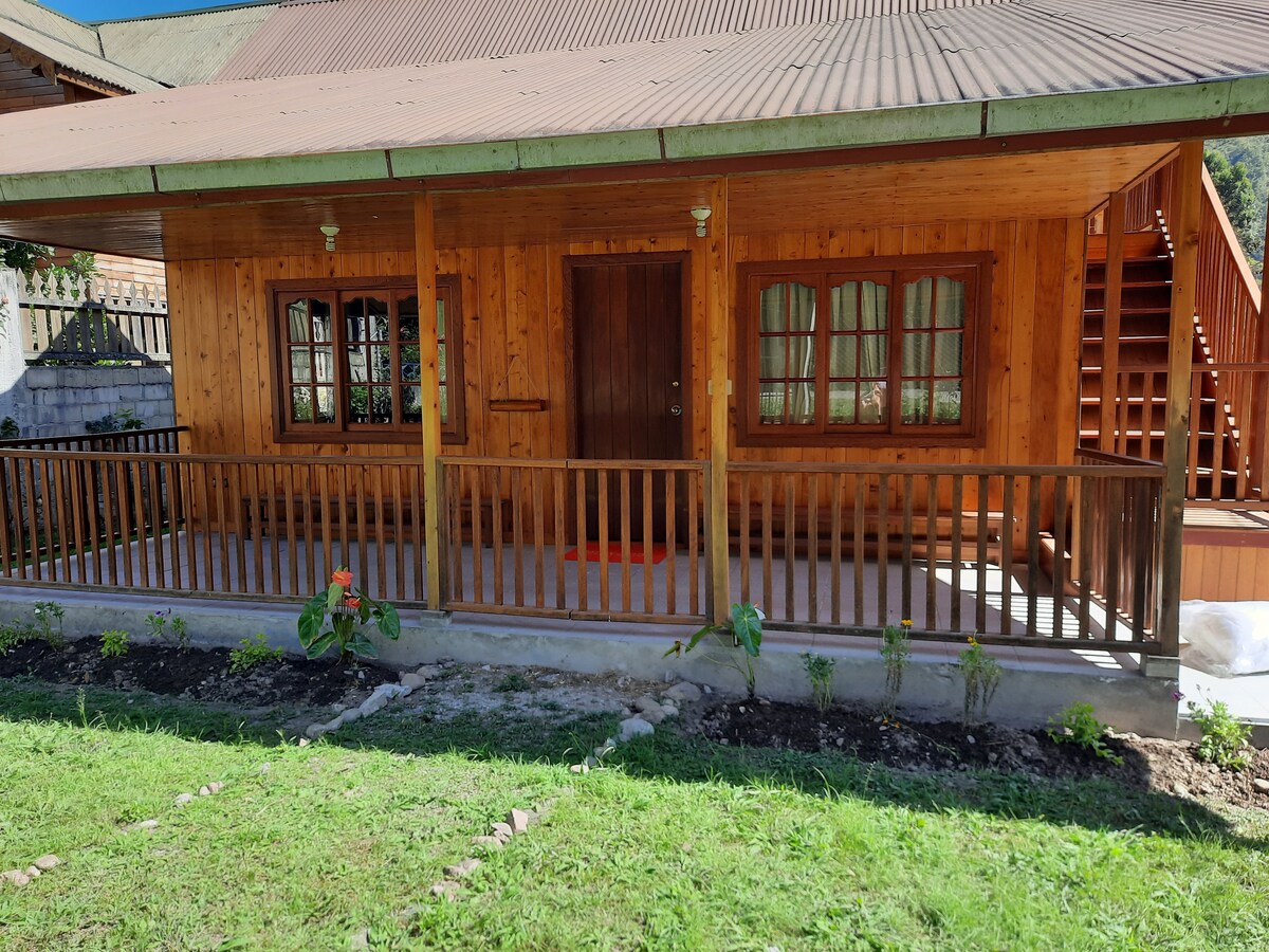 The exterior features a traditional wooden structure with a sloped roof, a welcoming front porch bordered by a wooden railing, and several windows adorned with grilles. The landscape includes green grass and a few plants planted along the pathway, enhancing the natural setting.