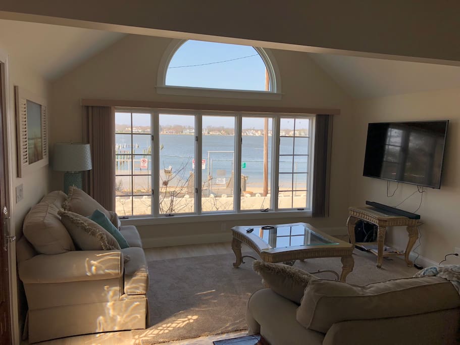 Living room with waterfront view