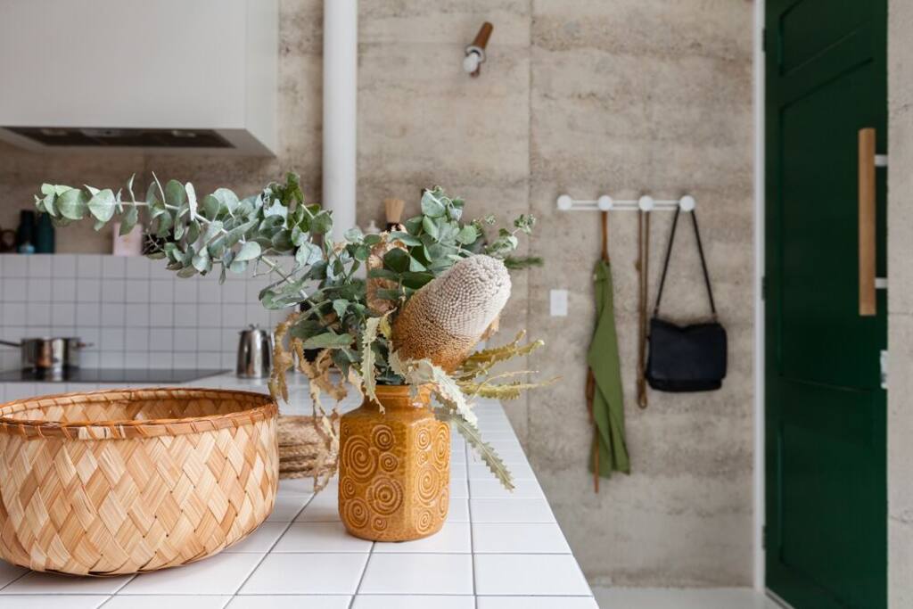 tiled benchtop + open living