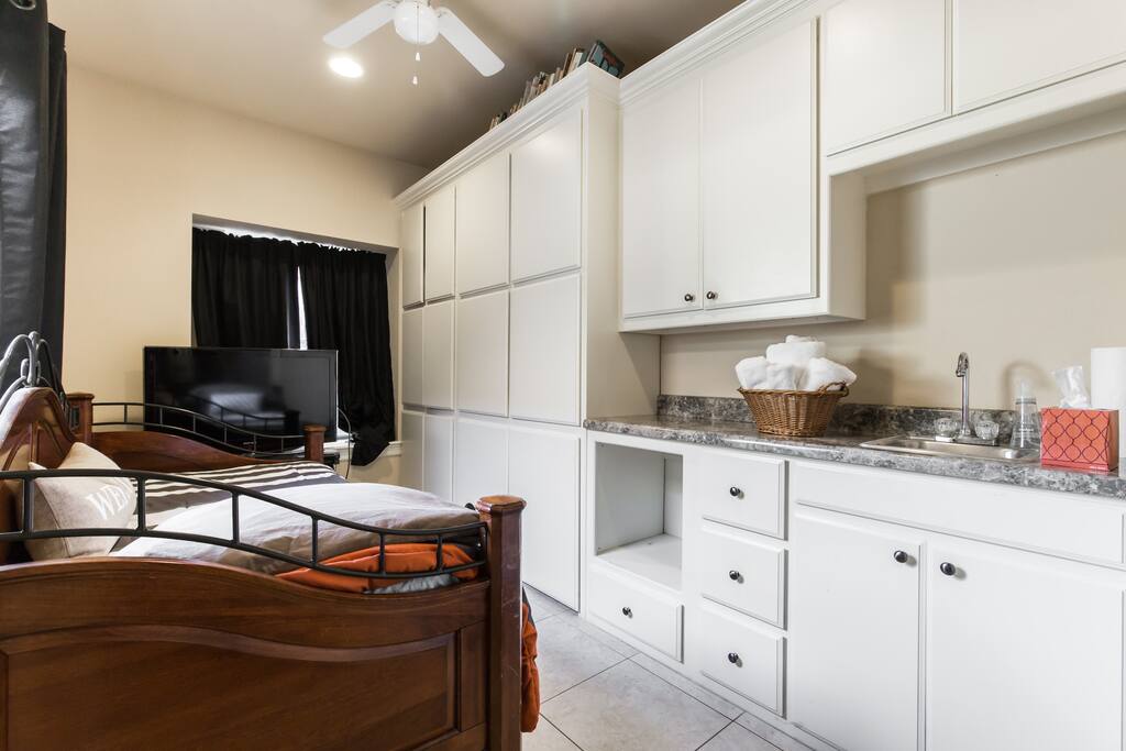 Some cabinet storage and hanging closet space available. Mini fridge now added in small alcove.