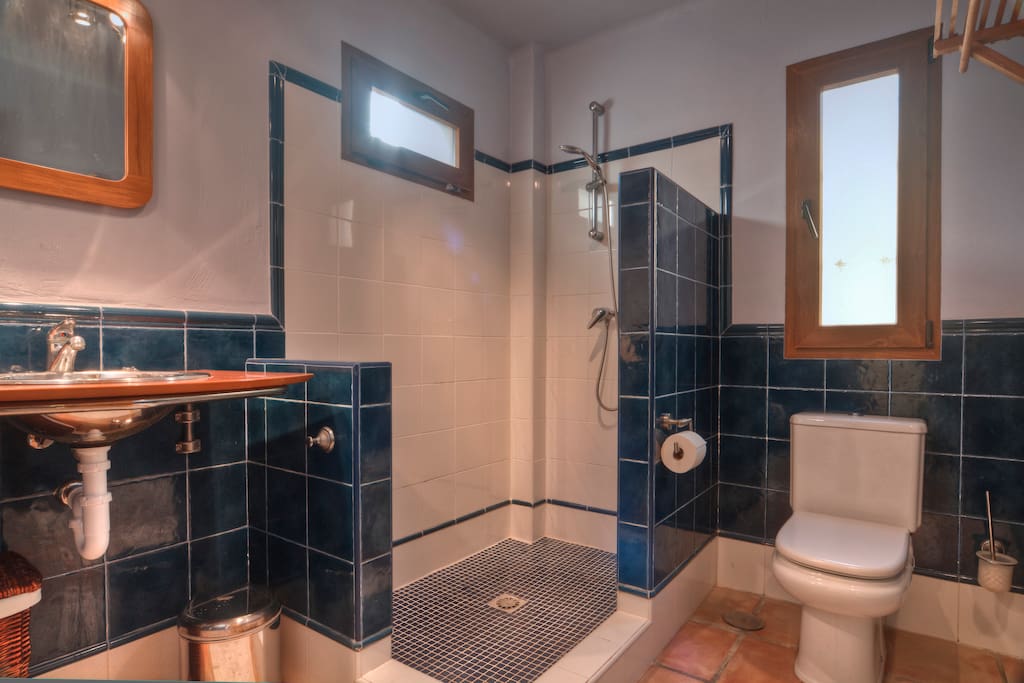 Ensuite bathroom with walk in shower, toilet and sink, + amenities.