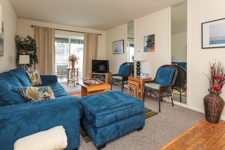 Მისაღები ოთახი შუშის კარისკენ აივნის პატიოსკენ.  Შენიშვნა: ტახტი ჩანაცვლდა ახალი სექციით, იხილეთ ფოტო ქვემოთ და ის კონფიგურირებულია საწოლში.  