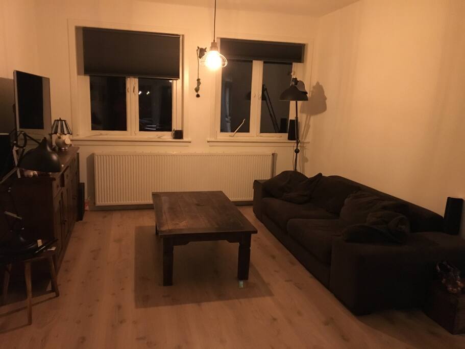 Woonkamer met grote tv, hier is het mogelijk voor één persoon om op de bank te slapen, of een tweepersoons airobed neer te leggen