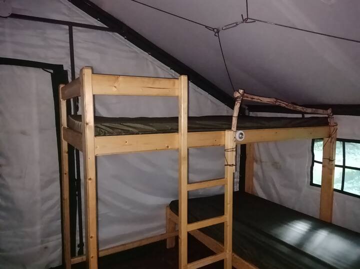 Bunk beds with a guest-hewn safety rail
