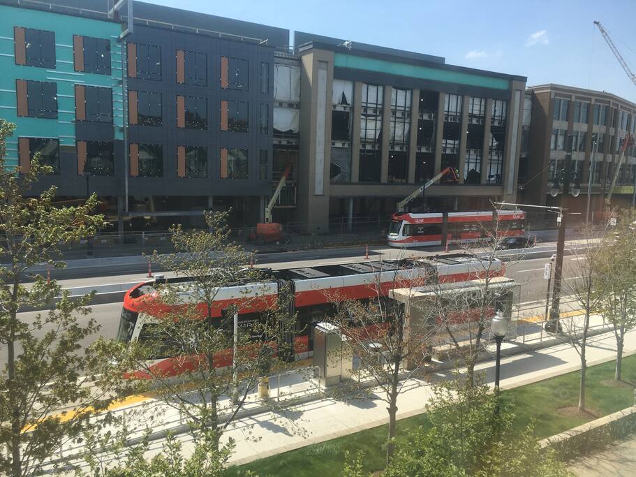 View of Little Caesars Arena and the Q-line stop from our window.