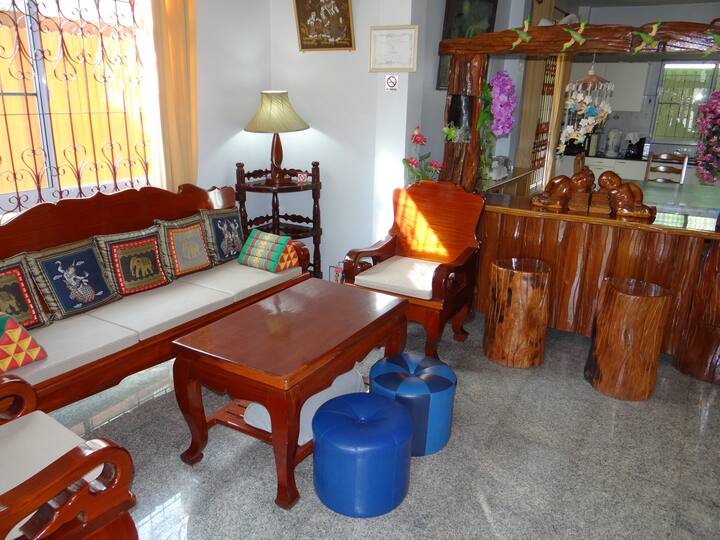 Authentic Thai style furnished living room with cable TV and free of charge Wifi all around the house.