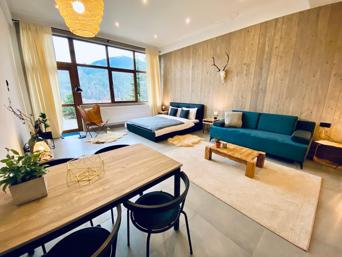 A spacious living area is highlighted by large windows offering a panoramic mountain view. The room features a comfortable seating area with a teal sofa, a wooden coffee table, and a dining table surrounded by black chairs. Soft lighting complements the wooden walls.