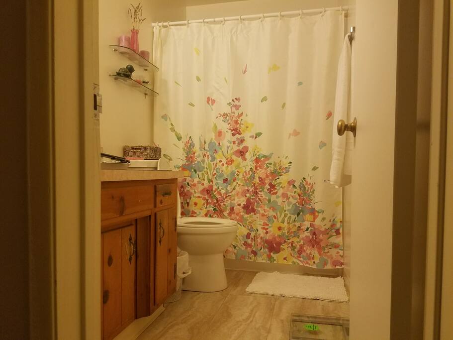Bathroom with new toilet, paint, tile, and floor