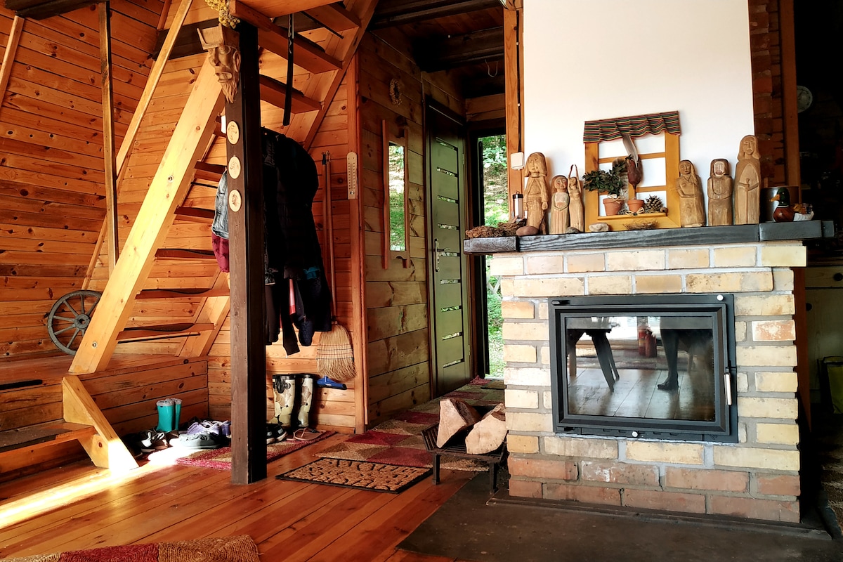 A rustic interior showcases wooden walls and flooring, complemented by a stone fireplace. A staircase leads to the upper level, while a cozy seating area is arranged with a decorative rug. Natural light filters in through large windows, enhancing the inviting atmosphere.