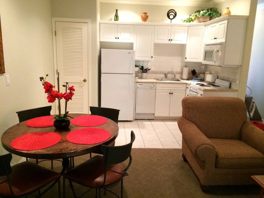 Looking from the living room into the kitchen
