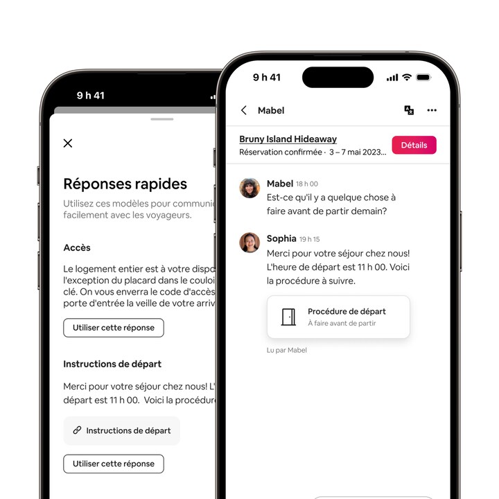 Dans l'appli Airbnb, on voit un hôte envoyant une liste de tâches à faire avant de partir dans une réponse rapide. Une confirmation de lecture indique que le message a été lu par le voyageur.