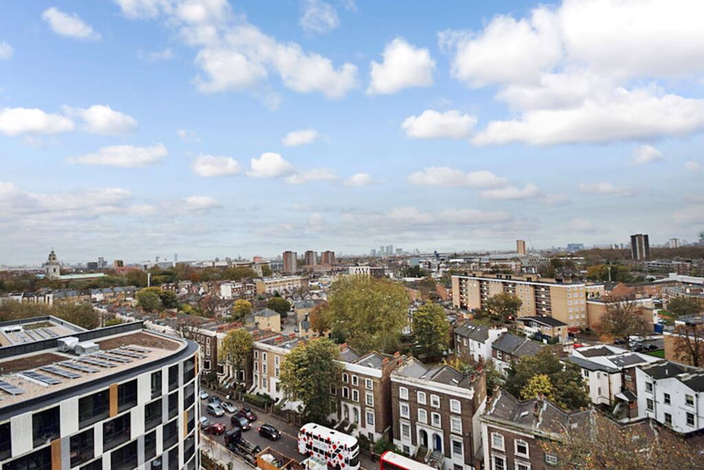 View from the balcony - Canary Wharf on the right, Olympic Village in front