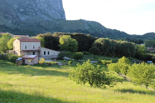 A charming house is situated within a grassy expanse, surrounded by trees. A natural landscape features rolling hills in the background, enhancing the tranquil ambiance. The property includes garden beds and a stone pathway leading toward the home, emphasizing outdoor space.