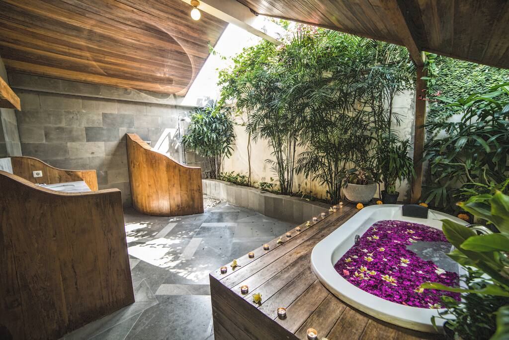 Bathrooms are open-air and have both hot and cold water.