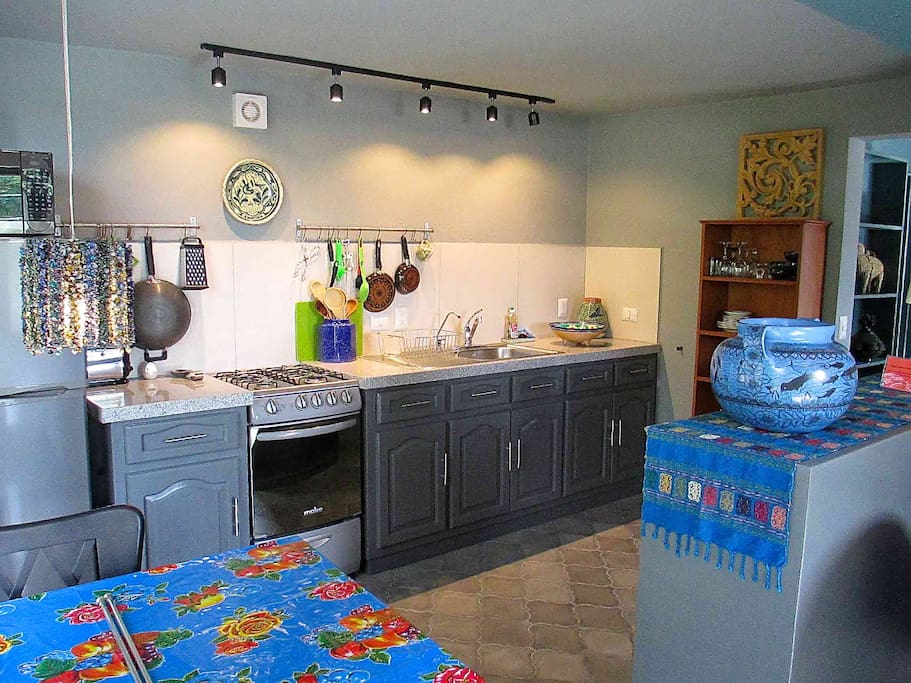 Galley kitchen with lots of counter space.