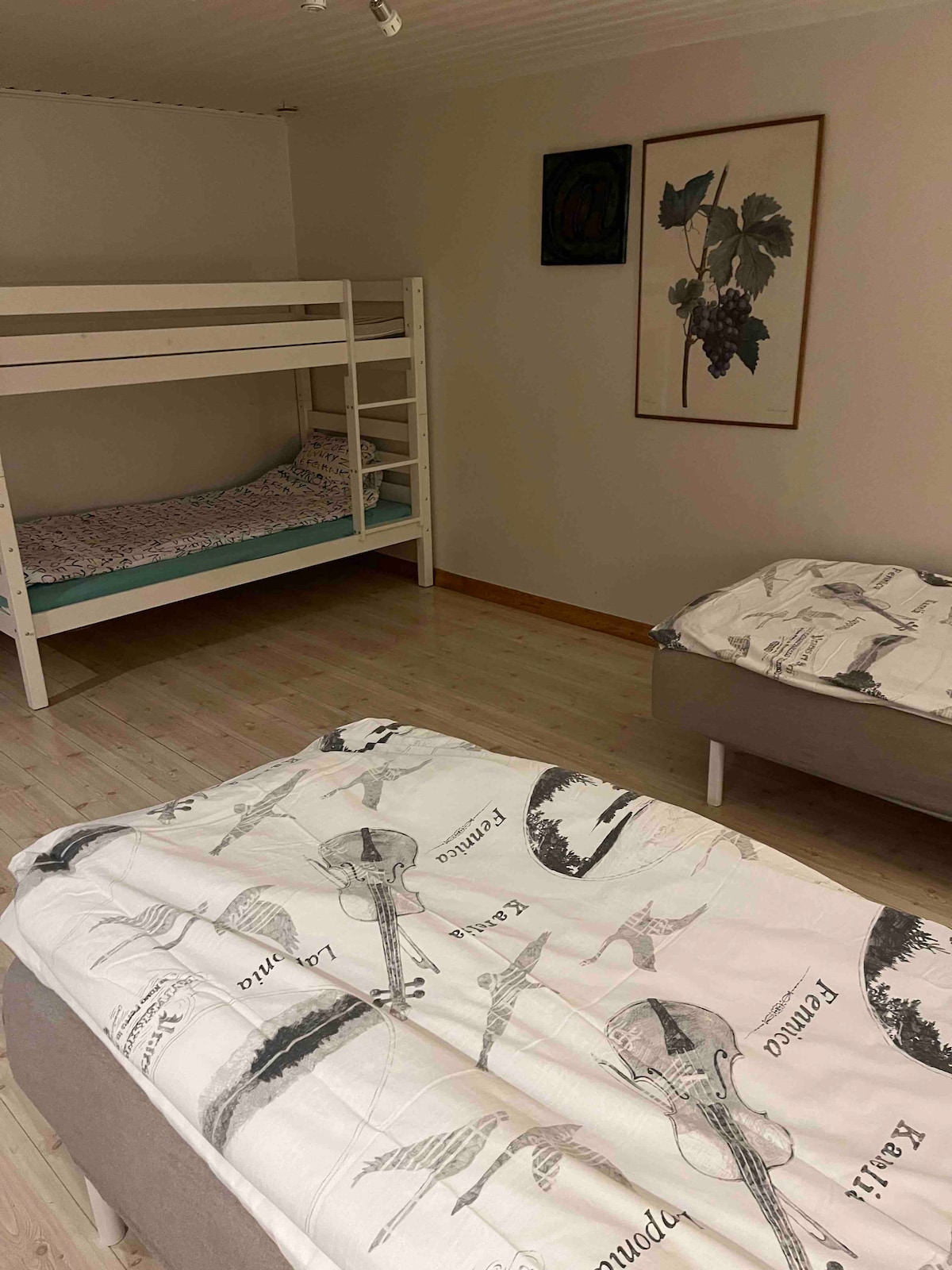 طابق سفلي بغرفة نوم مع سريرين 90 وسرير بطابقين 