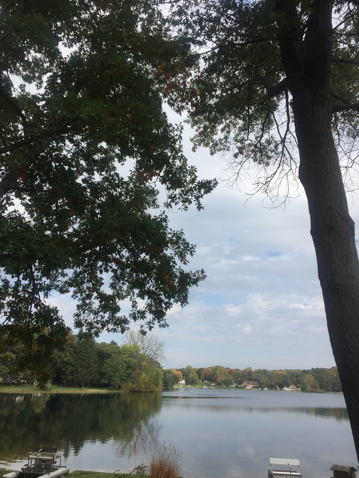 A tranquil view of the lake is framed by leafy trees. The water reflects the surrounding foliage and cloudy sky, creating a serene atmosphere. The shoreline is visible with patches of grass and small wooden docks, suggesting a peaceful retreat.