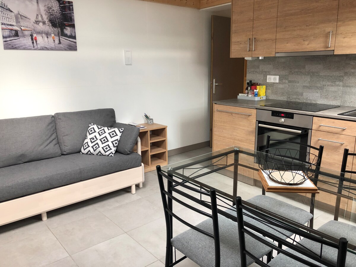 A modern living space is depicted, featuring a gray sofa with a decorative pillow facing a wooden kitchenette. A glass dining table is surrounded by four black chairs, and various kitchen essentials are arranged on the countertop, showcasing an inviting and functional layout.
