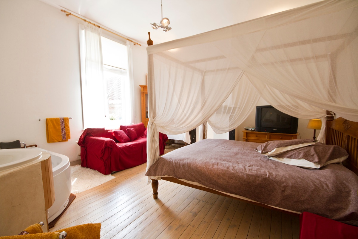 This spacious bedroom features a large four-poster bed with a light canopy, complemented by wooden furnishings. A comfortable seating area includes plush red couches. Natural light floods the room through tall windows, and a jacuzzi is situated nearby, enhancing the room's appeal.