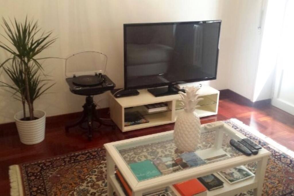 Living Area with a record player an plasma TV.