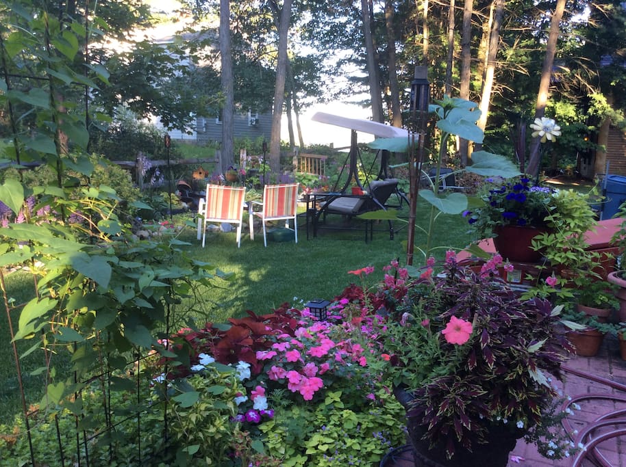 Backyard, ponds waterfall, swing, peaceful sounds of nature surround you