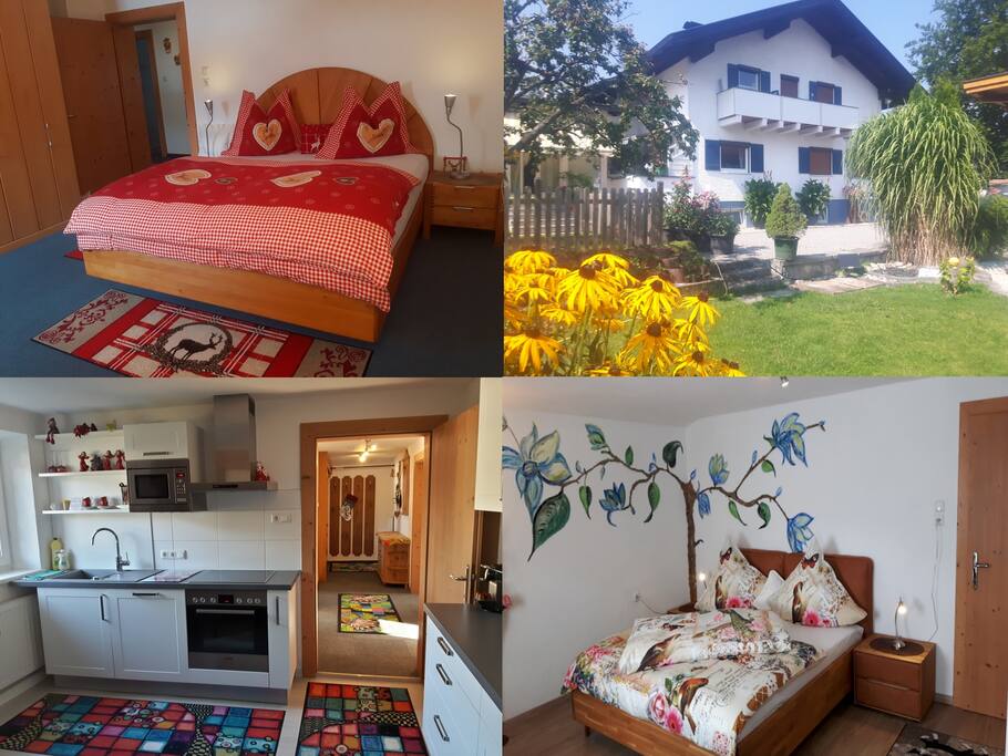 Schlafzimmer, Hausansicht im Sommer, Küchenzeile