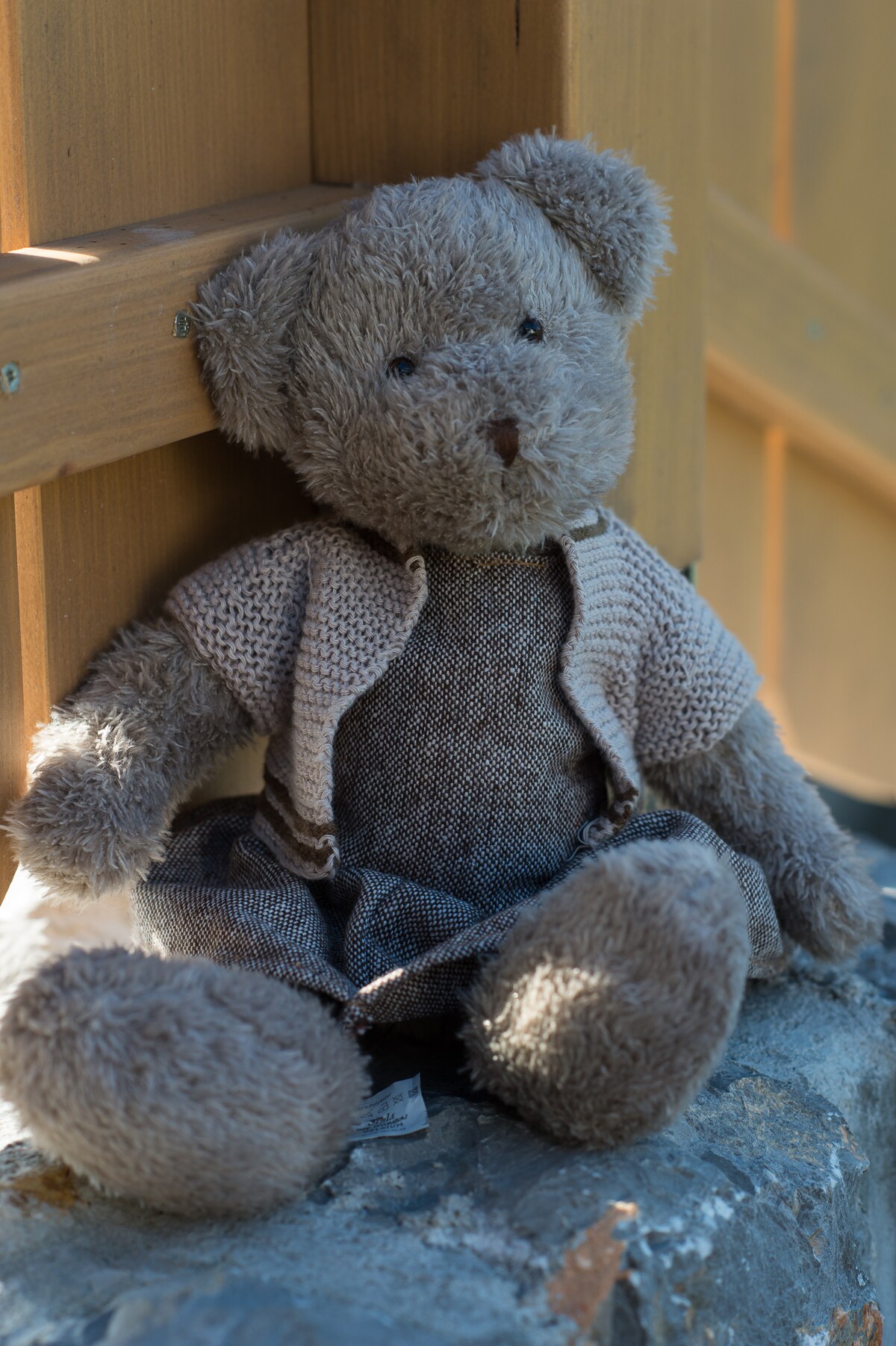A soft teddy bear is seated against a wooden post, dressed in a knitted cardigan and a fabric dress. The bear's gentle features and textured fur offer a cozy, comforting presence within the tranquil setting.