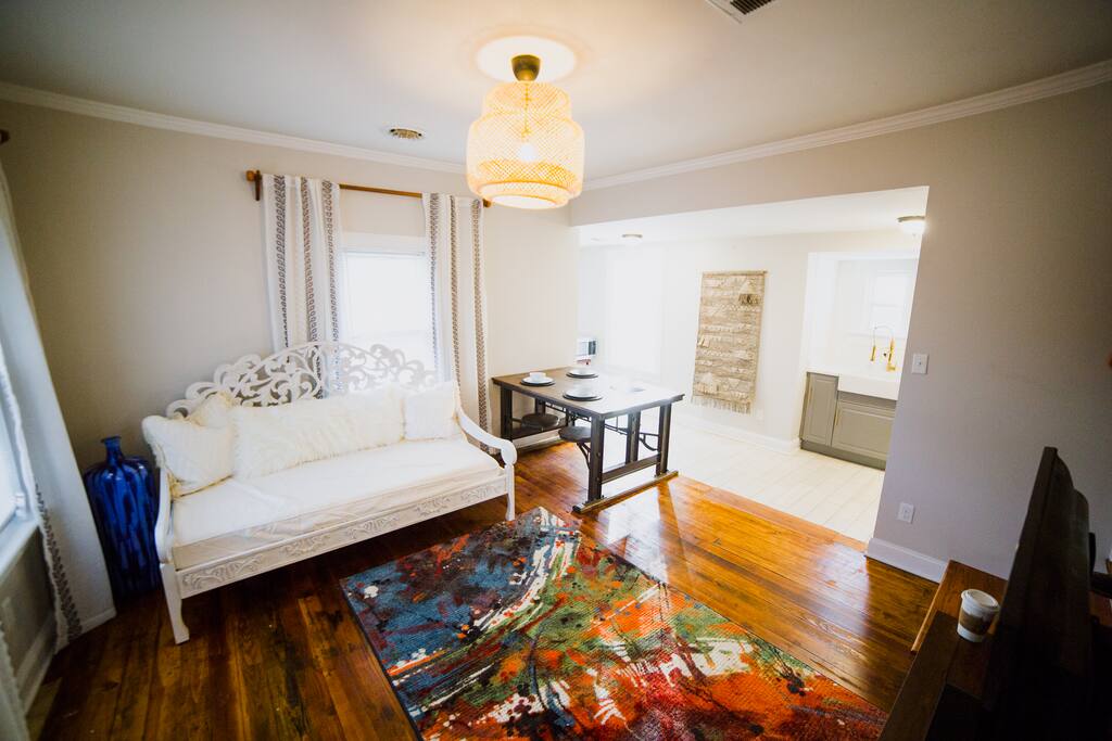 Lounge on the daybed and catch up on Netflix with memory foam twin mattress for easy conversion into a sleeping space for a 5th person. Plus soak in the rich tones of the completely restored, authentic 1950's hardwood.