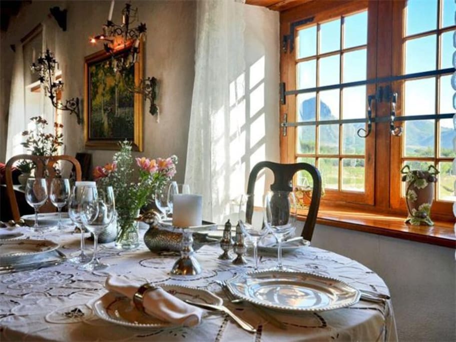 Delicious Traditional Breakfast in the Dinning Room with a view of the mountains.