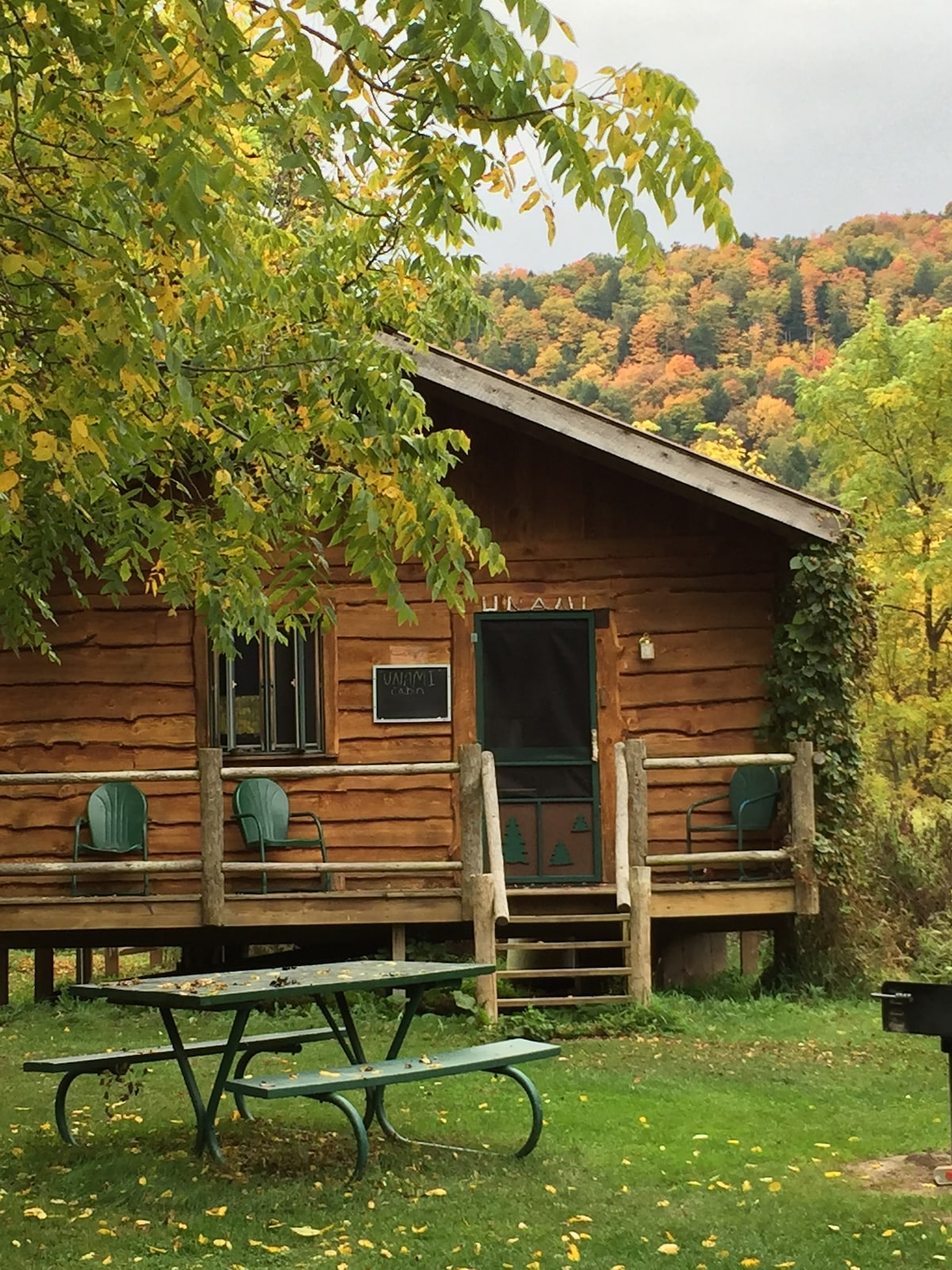 A rustic cabin with a wooden exterior is set against a backdrop of colorful autumn foliage. Green rocking chairs are positioned on the porch, and a covered entrance is framed by natural elements. A picnic table rests on the lawn, providing a place to enjoy the surroundings.