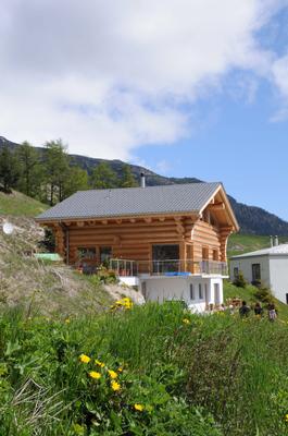 A wooden chalet is showcased against a backdrop of mountains and blue sky. Surrounding greenery includes wildflowers, adding natural beauty to the scene. The architecture features a traditional log cabin design with a sloped roof and a balcony, offering inviting outdoor space.