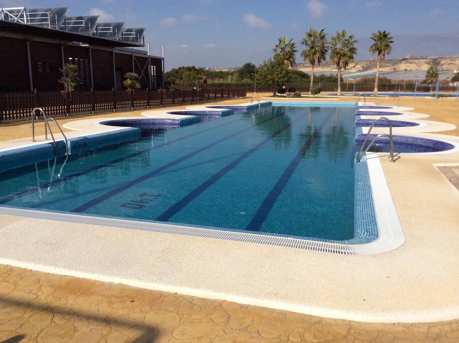 Piscina para nadar con 7 jacuzzis para relax.