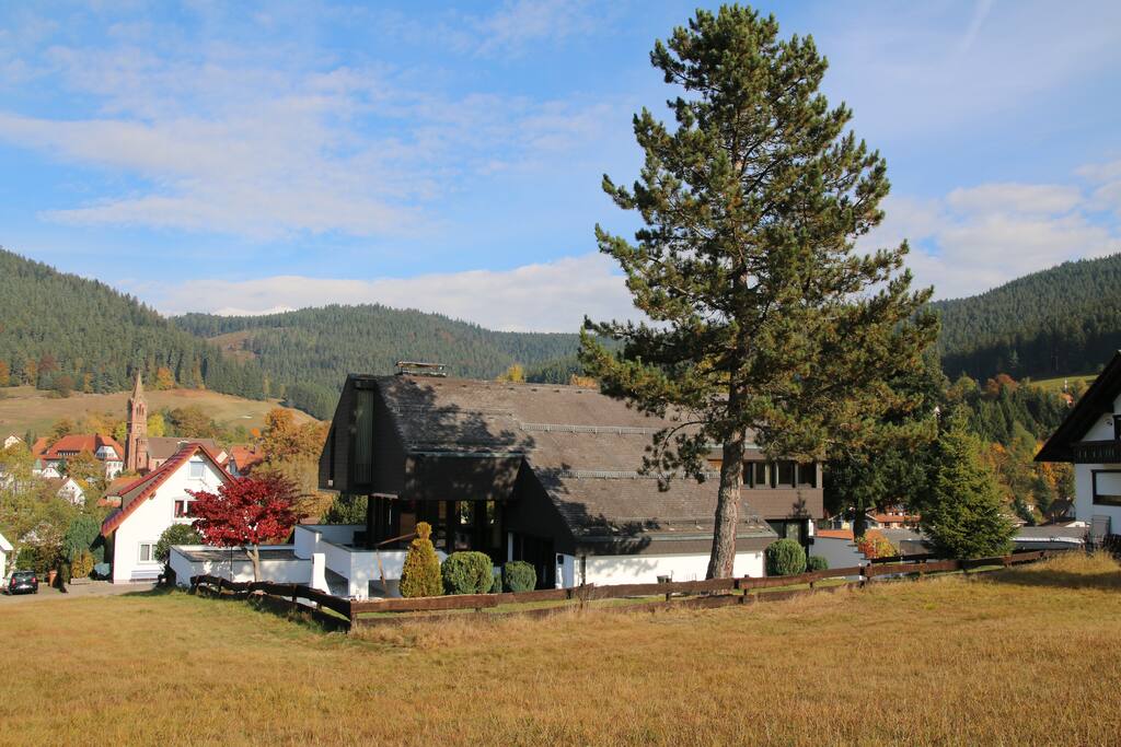 Hausansicht von großer Wiese hinter dem Haus