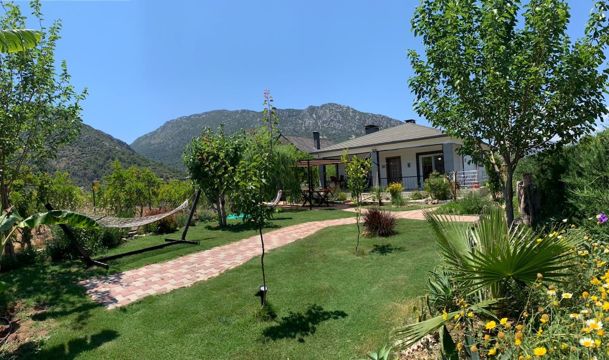 A villa is surrounded by a spacious garden featuring lush greenery, well-maintained grass, and various trees. A pathway leads to the entrance, complemented by hammocks and seating arrangements for relaxation. Mountain views rise in the background, emphasizing the serene atmosphere of the setting.