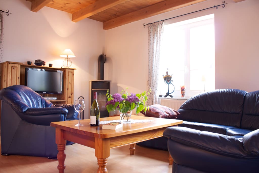 Wohnbereich mit offenem Essbereich, Lese- und Sofaecke und TV, Stereoanlage, Kaminofen und einer großen Auswahl an Büchern