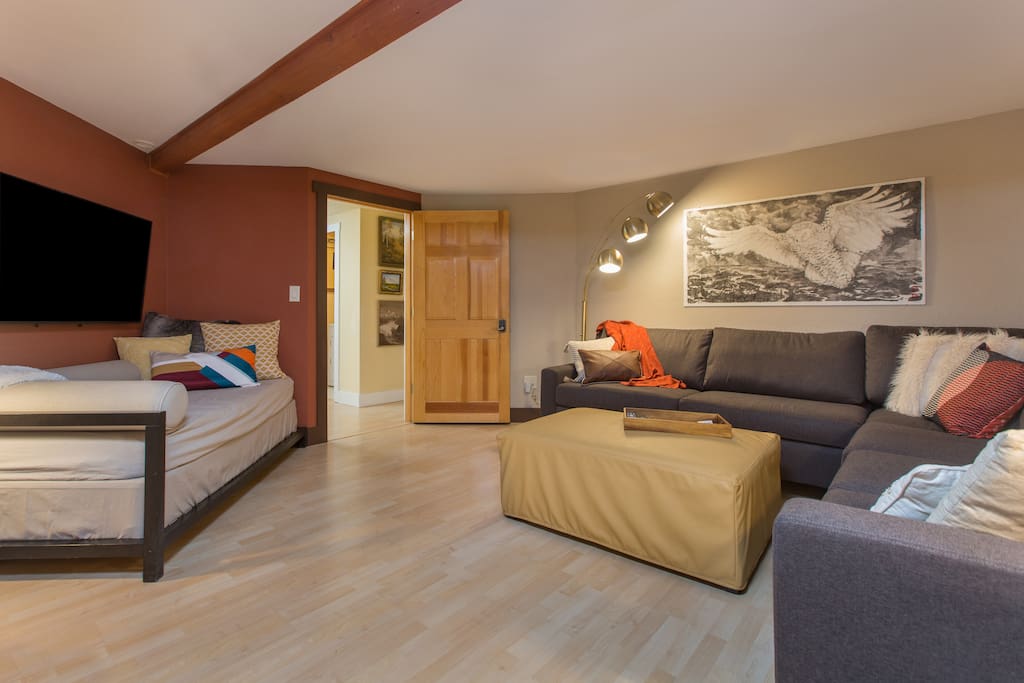 The spacious private living room includes a queen tempurpedic sofabed (no bar in your back!) and a twin tempurpedic day bed.