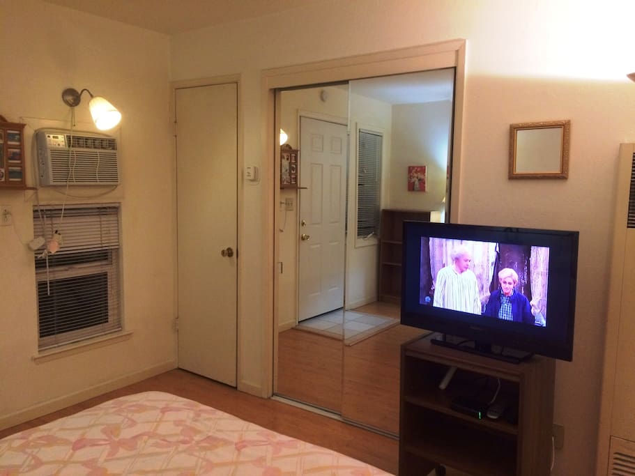 Front door, mirror closet door