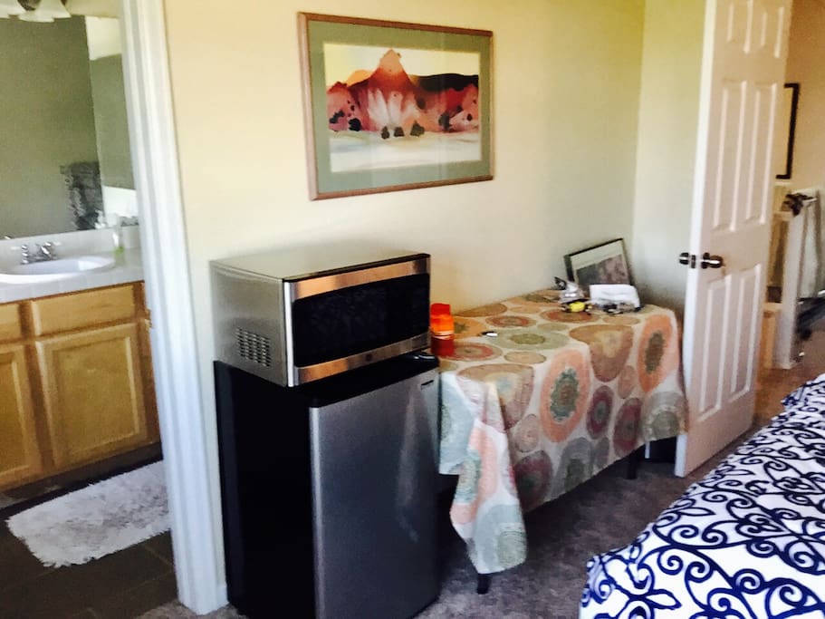 New micro, fridge, tv (not shown), towels, bedding included.