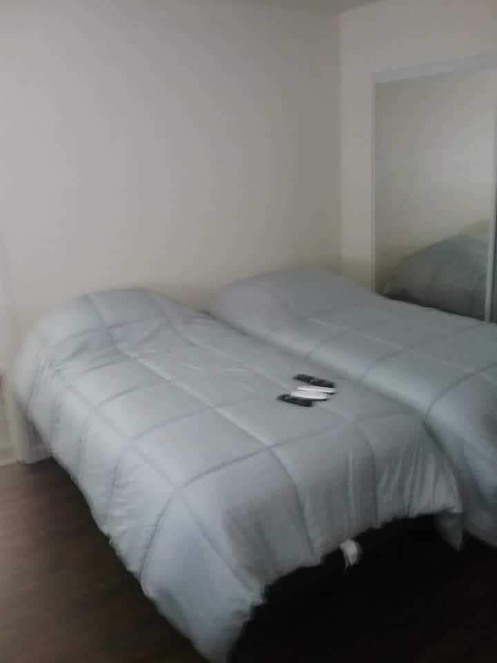 两张单人床，配备42英寸电视和剪切的卫生间 