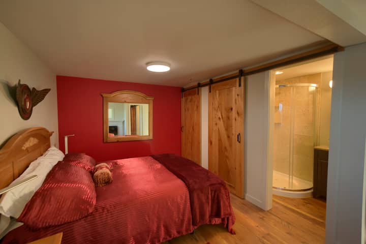 Barn Doors reveal the downstairs bathroom and shower
