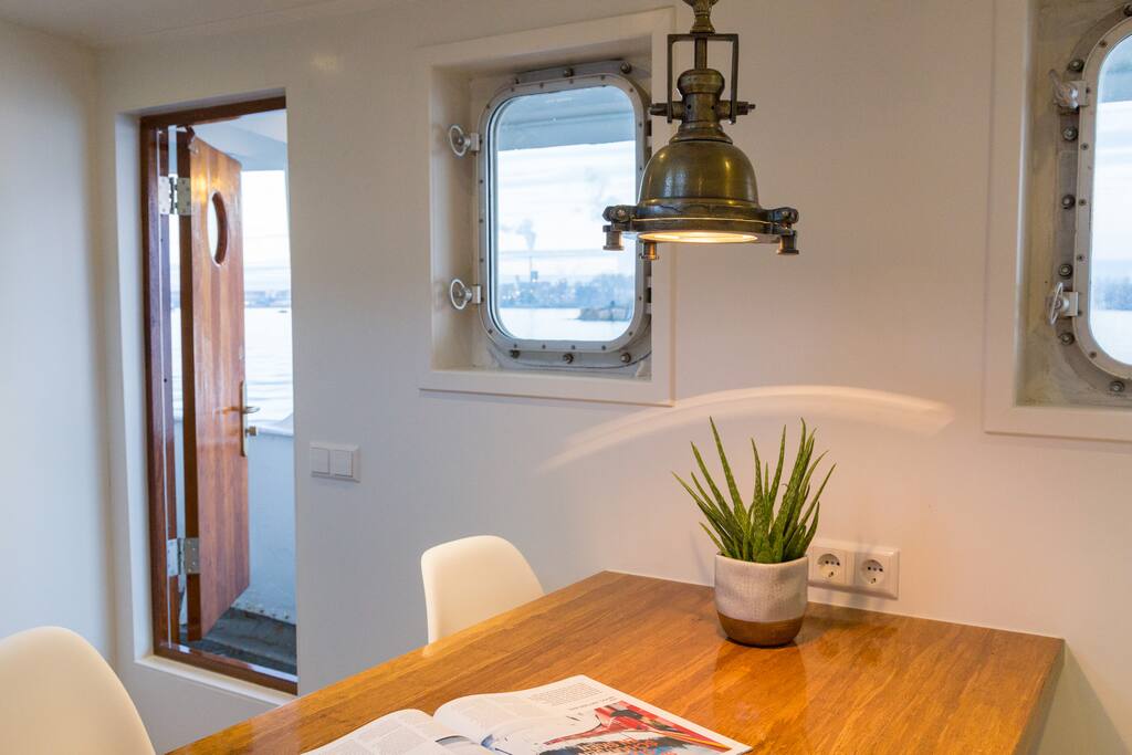 Dining upstairs, with water view