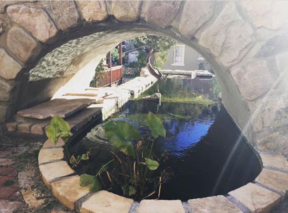 There are many seating areas on the property, perfect for reading or having coffee. This stone seating nook with a view under the bridge/of the koi is what we call The Happy Hour Grotto.