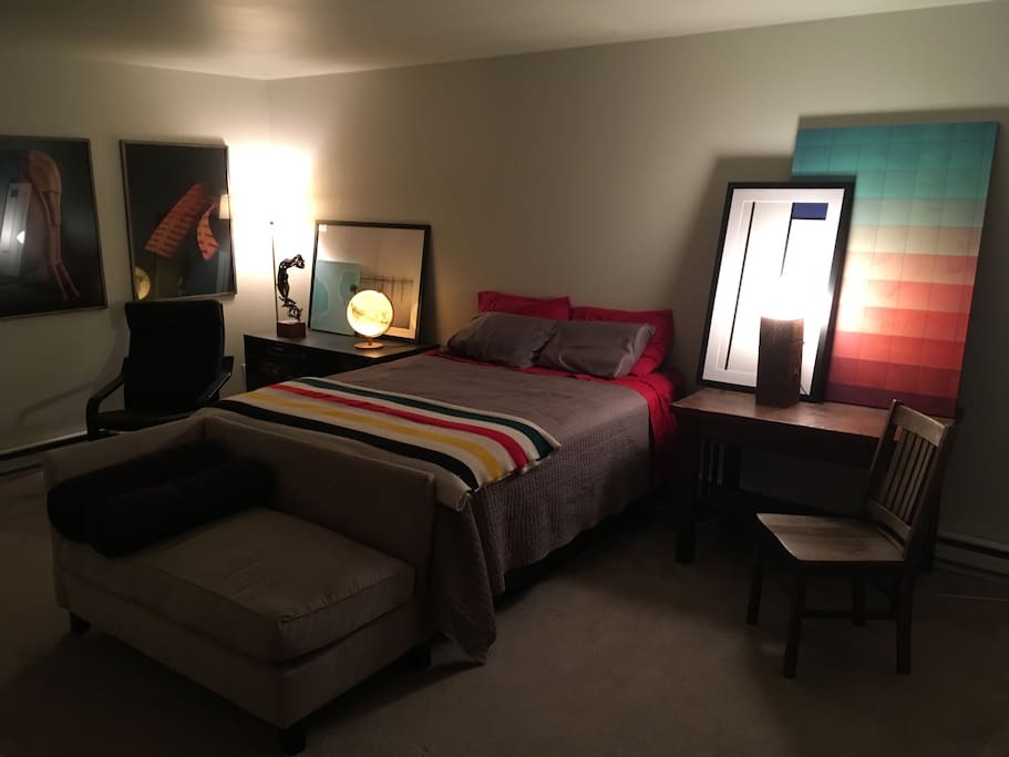 Books, art and bed.