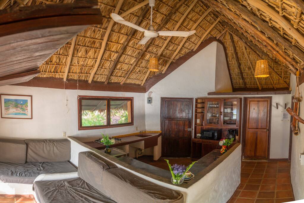 The living room and kitchen (the two couches sleep two additional individuals)
