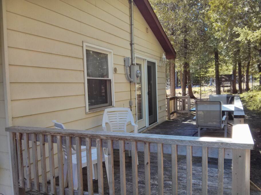 Side deck with patio doors from kitchen.