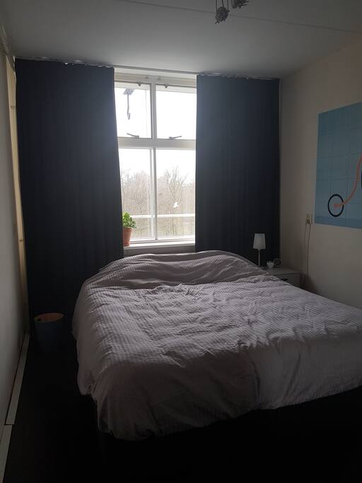 Bedroom with Queensize double bed and view on Westerpark