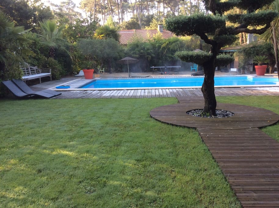 Vue des chambres et salon vers le jardin et piscine